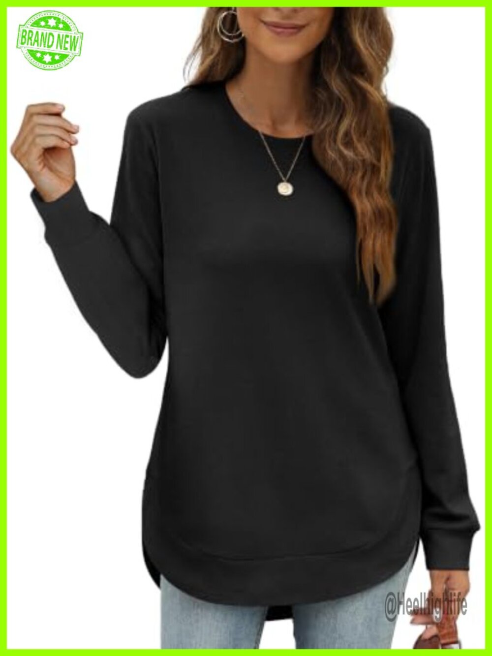 Womens Sweatshirt Crewneck Long Sleeve High Low Tunic Top Curved Hem